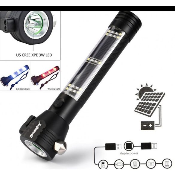 Multifunkciós napelemes zseblámpa, telefontöltő