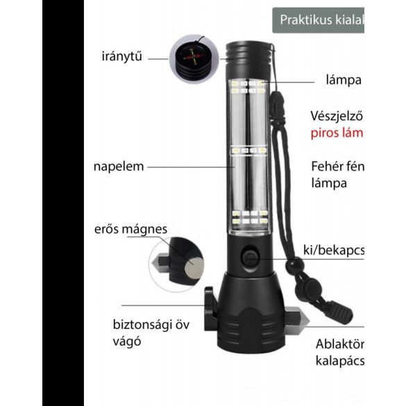 Napelemes zseblámpa biztonsági öv vágóval/ablaktörővel