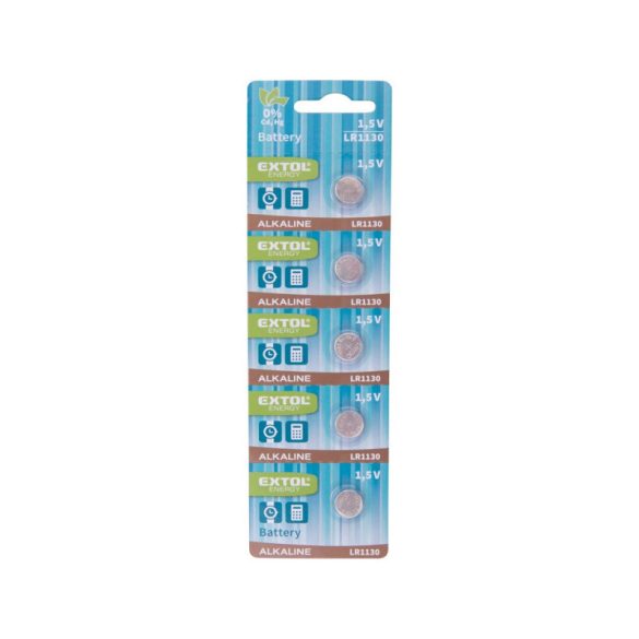 EXTOL ENERGY gombelem klt. 5 db, alkáli, 1,5V, méret: (LR1130); hosszú étettartam, bliszteren