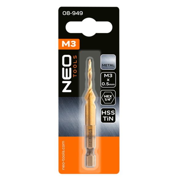 NEO TOOLS Gépi menetfúró, 2az1ben előfúró éllel, HSS-Titán, M3X0,5mm, hatszög szárral 08-949
