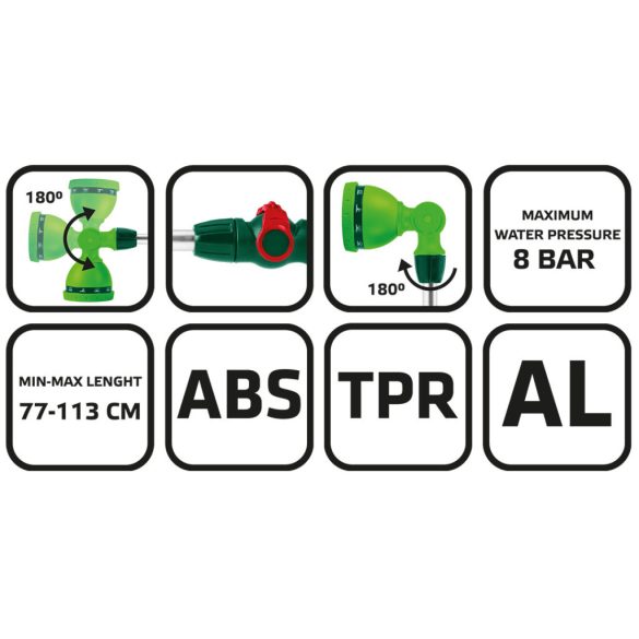 VERTO Öntözőpisztoly,10 funkciós,76-110cm-ig állítható teleszkópos fémszárral 15G682