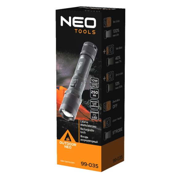 NEO TOOLS Zseblámpa tölthető, USB, 1000lum, OSRAM P9 LED, 10W 99-035