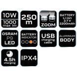 NEO TOOLS Zseblámpa tölthető, USB, 1000lum, OSRAM P9 LED, 10W 99-035