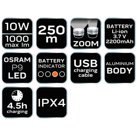 NEO TOOLS Zseblámpa tölthető, USB, 1000lum, OSRAM P9 LED, 10W 99-035