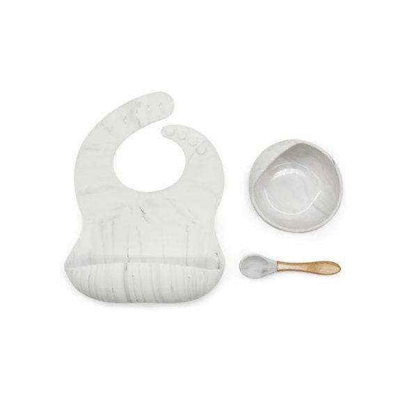 Szilikon étkészlet babáknak, állítható előke és vákuumtalpas tányér kanálkával