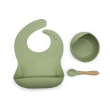 Szilikon étkészlet babáknak, állítható előke és vákuumtalpas tányér kanálkával