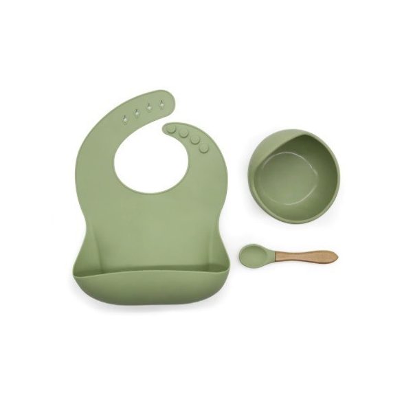 Szilikon étkészlet babáknak, állítható előke és vákuumtalpas tányér kanálkával