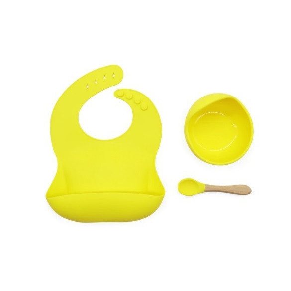 Szilikon étkészlet babáknak, állítható előke és vákuumtalpas tányér kanálkával
