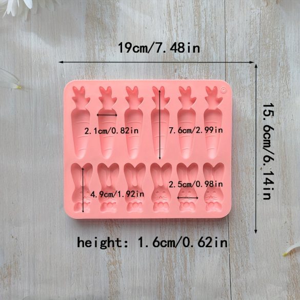 12-üreges szilikon nyúl és répa alakú forma cukorkához, csokoládéhoz és tortához