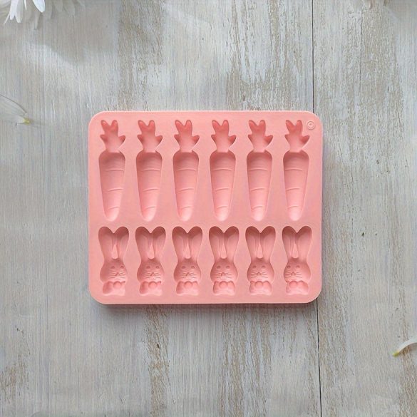12-üreges szilikon nyúl és répa alakú forma cukorkához, csokoládéhoz és tortához