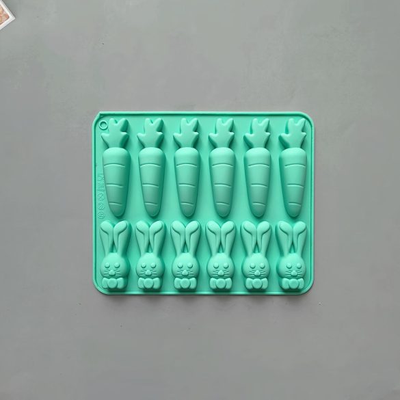 12-üreges szilikon nyúl és répa alakú forma cukorkához, csokoládéhoz és tortához