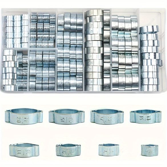 48 db-os Cinkbevonatú Rozsdamentes Acél Dupla Fülű Tömlőbilincs Készlet