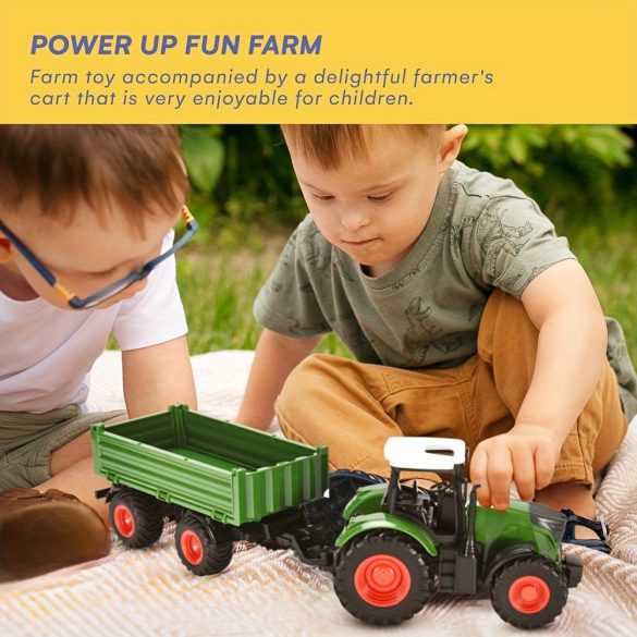 Zöld traktor és pótkocsi játékkészlet farmer kocsival