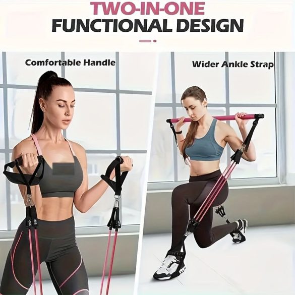8db Készlet - Pilates Bar Készlet 4 Ellenállási Szalaggal (63.5 KG) 8 részes rózsaszín【63.5 kg】