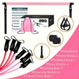 8db Készlet - Pilates Bar Készlet 4 Ellenállási Szalaggal (63.5 KG) 8 részes rózsaszín【63.5 kg】