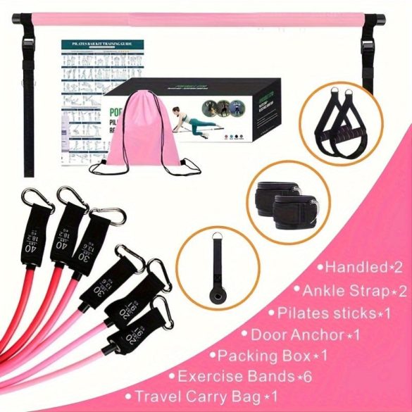 8db Készlet - Pilates Bar Készlet 4 Ellenállási Szalaggal (63.5 KG) 8 részes rózsaszín【63.5 kg】