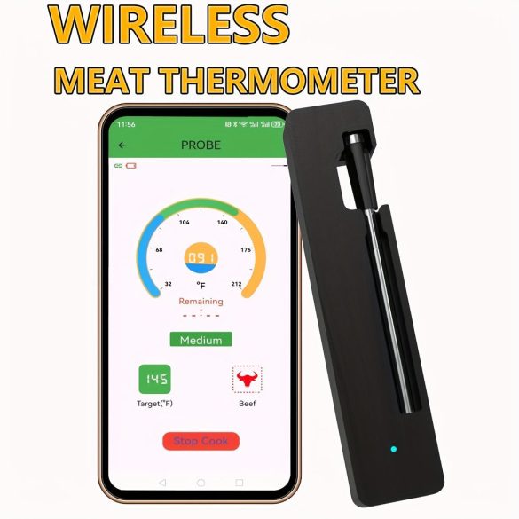 Intelligens vezeték nélküli hús hőmérő vezeték nélküli kapcsolattal - Akár 99,97 méteres hatótávolság, USB-ről tölthető, fém szonda BBQ-hez és sütőhöz Műanyag