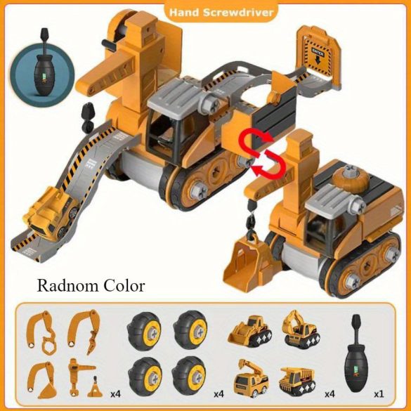 4 az 1-ben Mérnöki Járműmodell Szett – Csúszópályás Ásógéppel, Összeszerelhető, Tárolós Dobozban