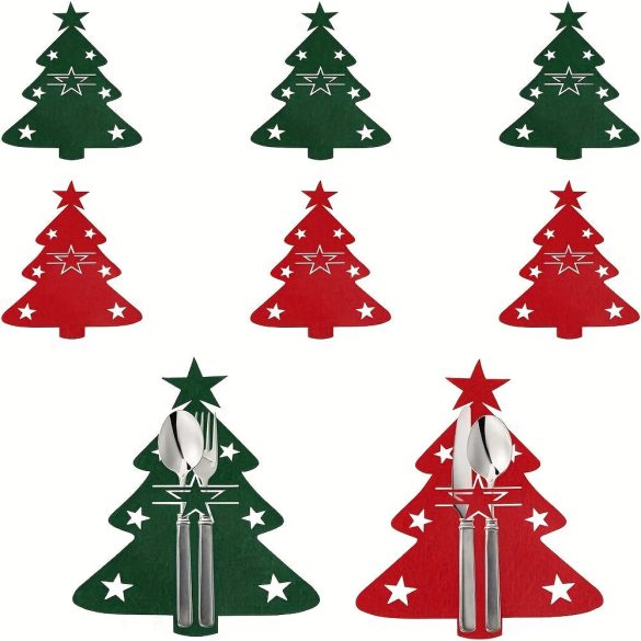 10db, Nemez evőeszköz tartó karácsonyfához, karácsonyi filc evőeszköz táska, karácsonyi evőeszköz táska, piros és zöld karácsonyi partikhoz, ünnepi vacsorapartik dekor