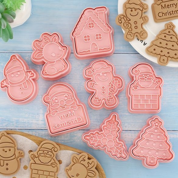 8 részes karácsonyi süti kiszúró készlet: Mézeskalács ember, karácsonyfa, hóember, Mikulás, harangok, hópelyhek, Boldog karácsonyt